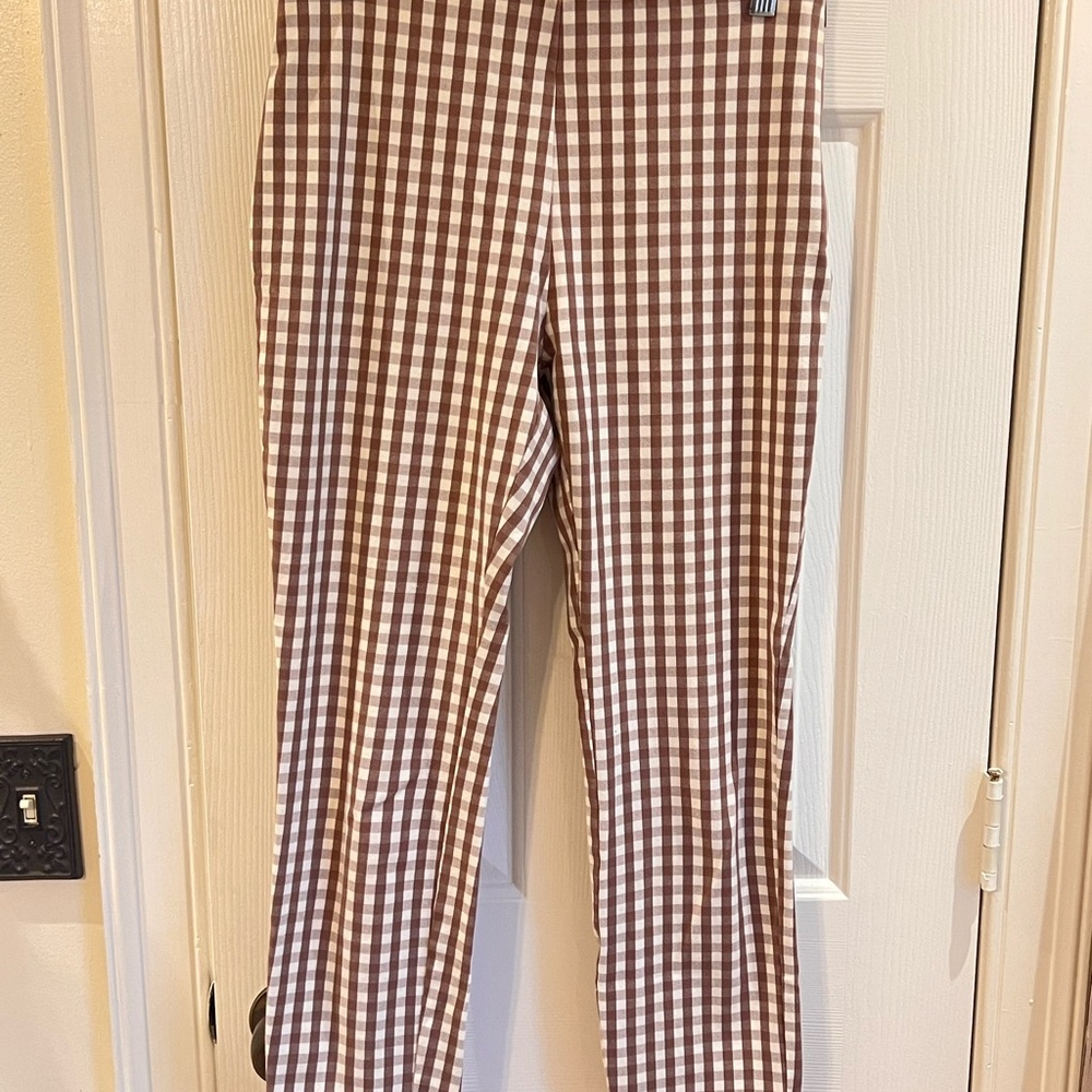 Taupe Brown and White Gingham Capri Pants